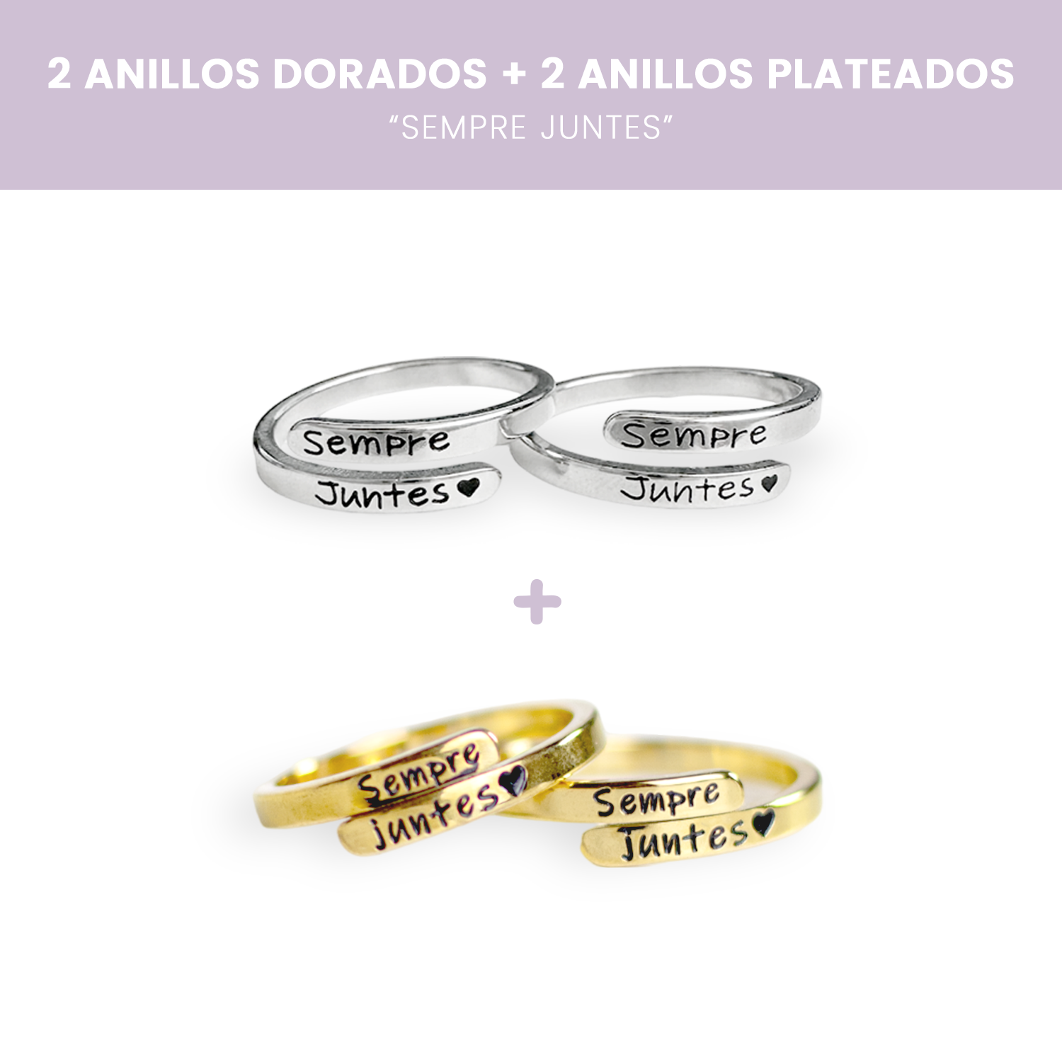 Pack de 4 anells "Sempre Juntes": 2 daurats + 2 platejats de REGAL + Targeta amb missatge