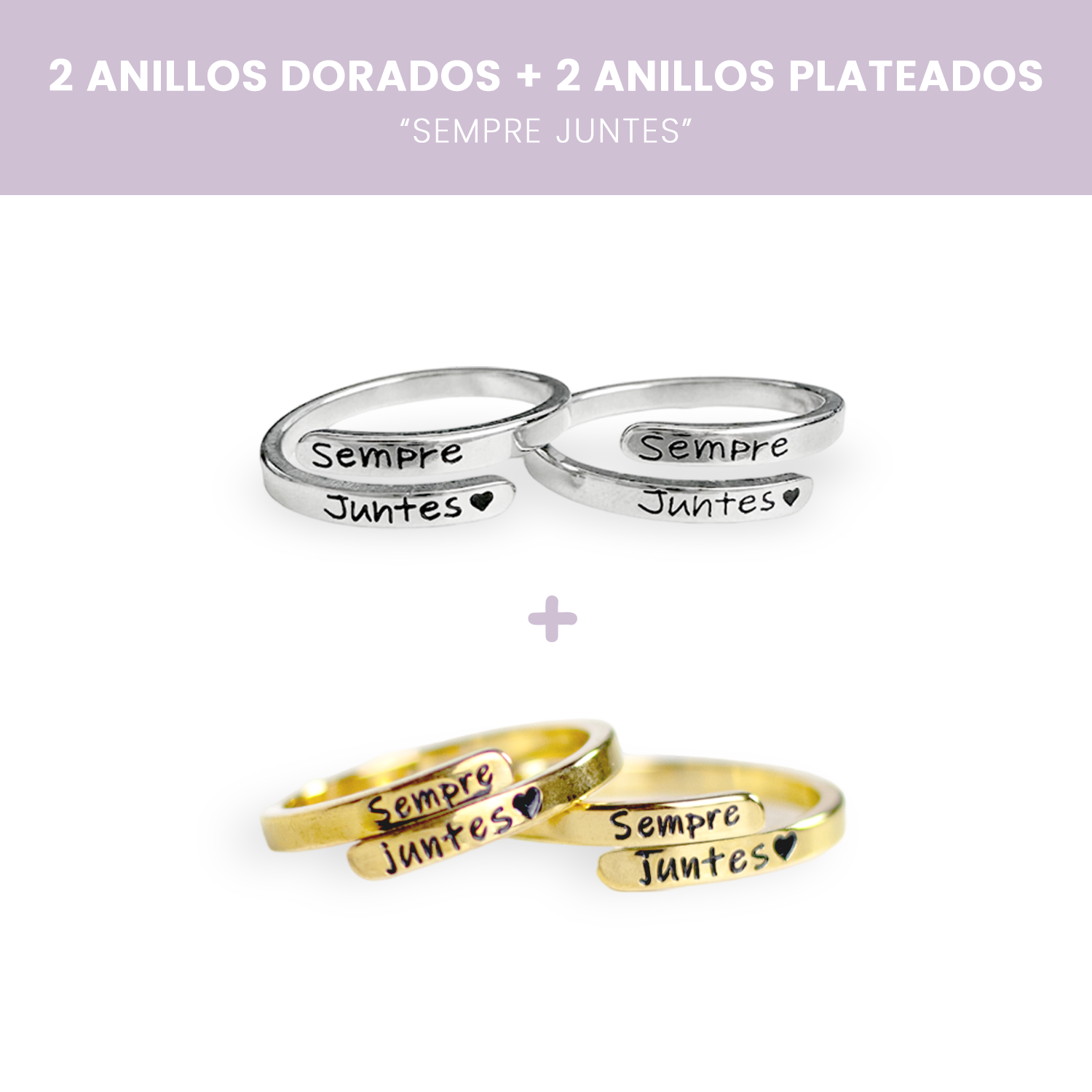 Pack de 4 anells 💍 "Sempre Juntes": 2 daurats + 2 platejats de REGAL 🎁+ Targeta amb missatge 💖