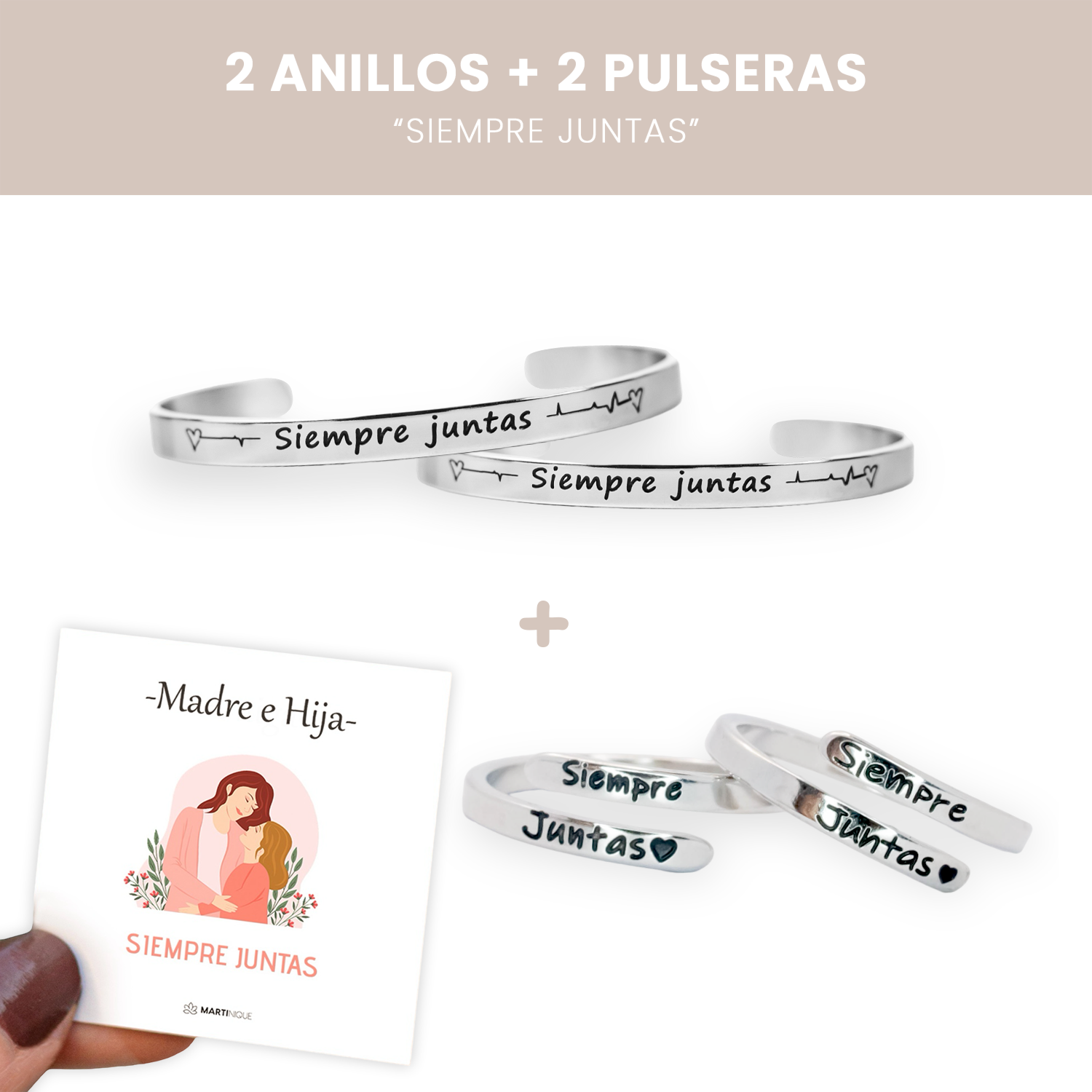 2 Pulseras “Siempre juntas” + 2 anillos “Siempre juntas” 💖 + Tarjetas de regalo 🎁