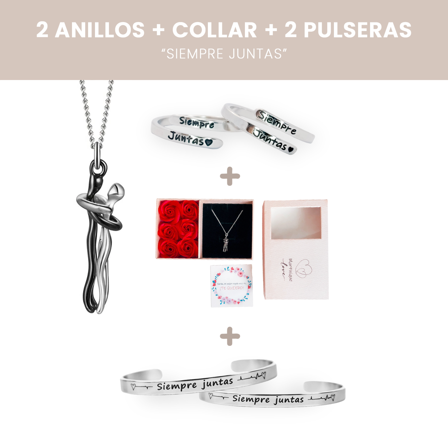 2 Anillos + 2 pulseras + Collar Abrazo Amoroso + Tarjetas de regalo - Siempre Juntas