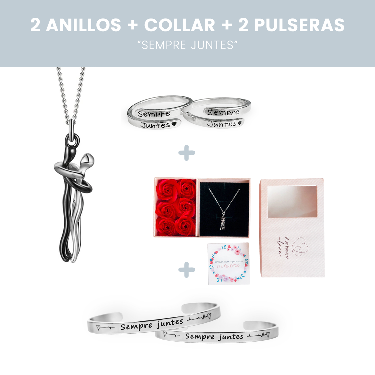 2 Anells + 2 polseres + Collar Abraçada Amorosa + Targetes de REGAL - Sempre Juntes