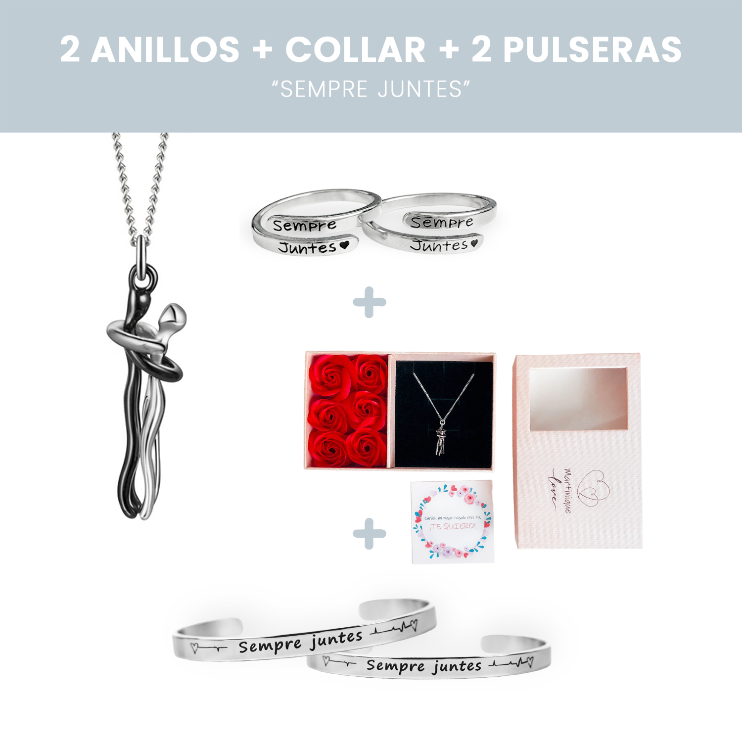 2 Anells + 2 polseres + Collar Abraçada Amorosa + Targetes de regal 🎁 - Sempre Juntes 💖