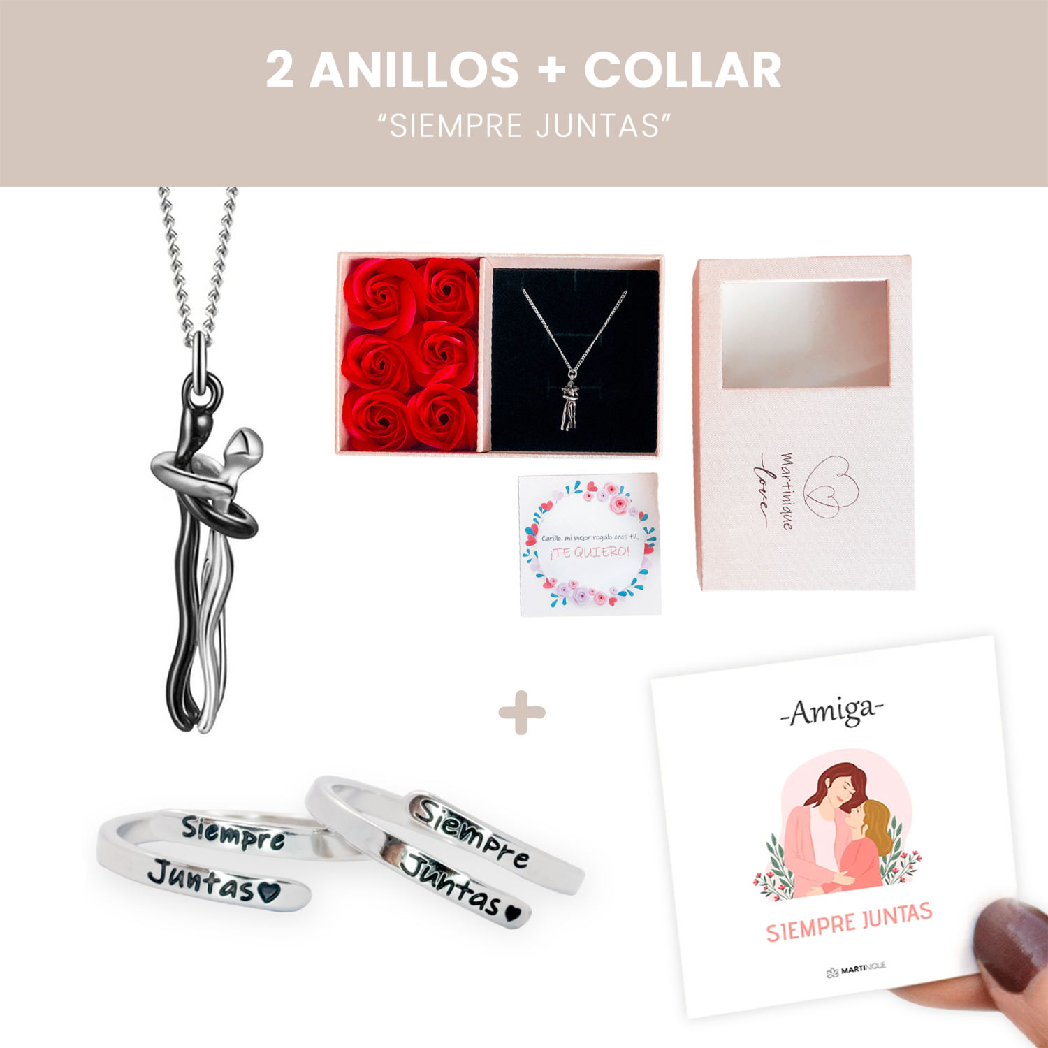 2 Anillos  Siempre Juntas + Collar Abrazo Amoroso 💖 + Tarjetas de regalo 🎁