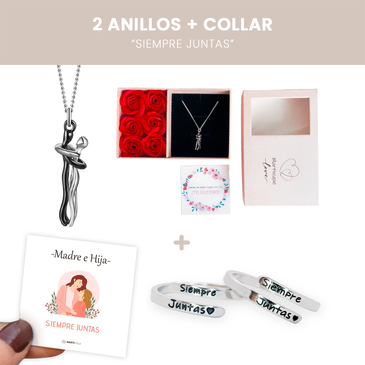 2 Anillos  Siempre Juntas + Collar Abrazo Amoroso 💖 + Tarjetas de regalo 🎁